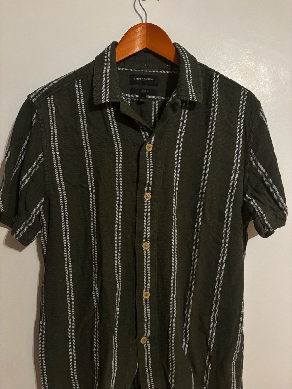 Banana Republic Olive Green Striped Short-Sleeve Shirt